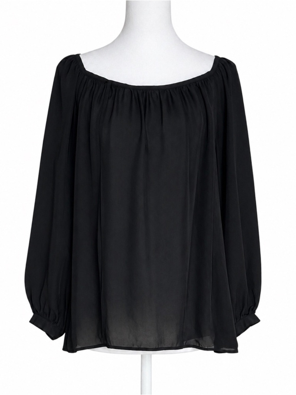 J Brand XS Black‎ 100% Silk Blouse Sheer Chiffon Long Sleeve Gathered Scoop Neck